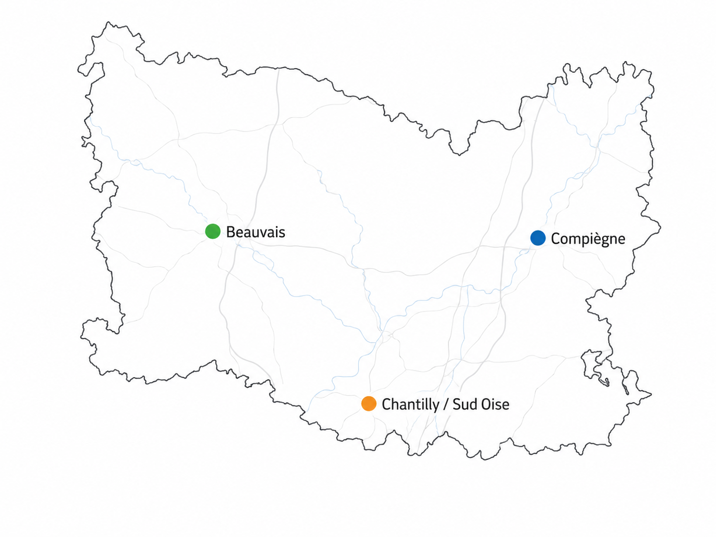Carte du département de l'Oise avec Beauvais, Compiègne et Chantilly / Sud Oise